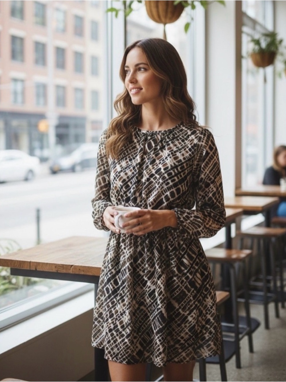 Banana Republic Factory Brown and Cream Long-Sleeve Animal Printed Dress